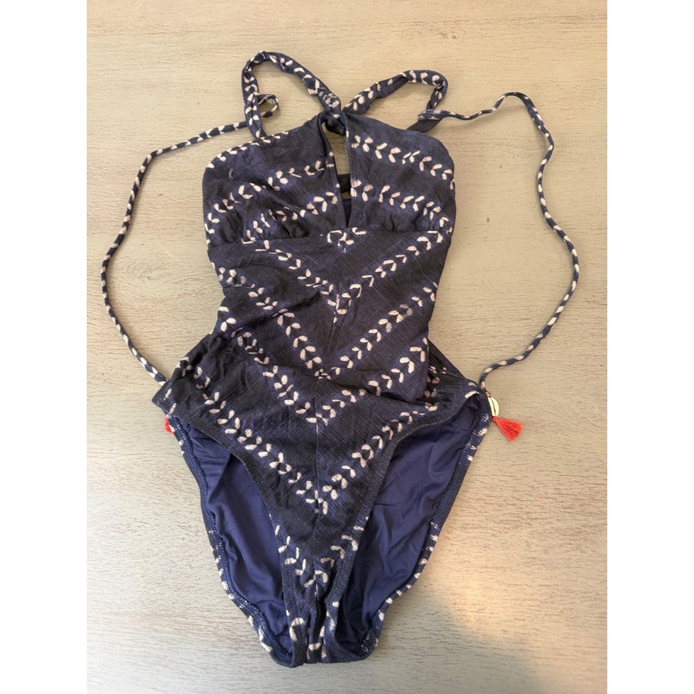 Robin Piccone Navy Blue Geometric Print One Piece Swimsuit Tassel Shell Size 8